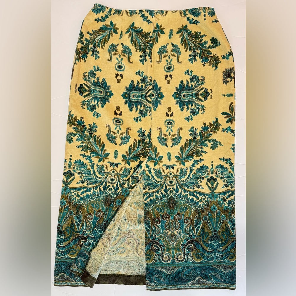 Linen Blend Paisley Midi Skirt High Waist Back Slit Size 12 Blue Tan - Picture 4 of 8